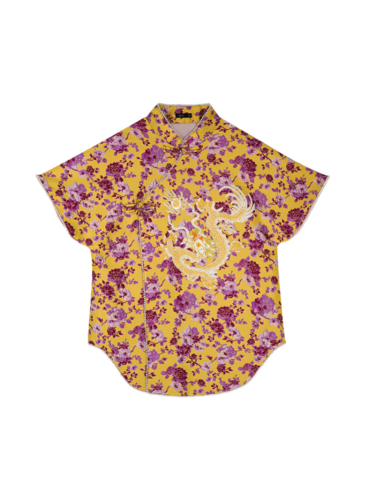 HECO Chinese style golden dragon embroidery short-sleeved placket buttoned shirt - QAND.