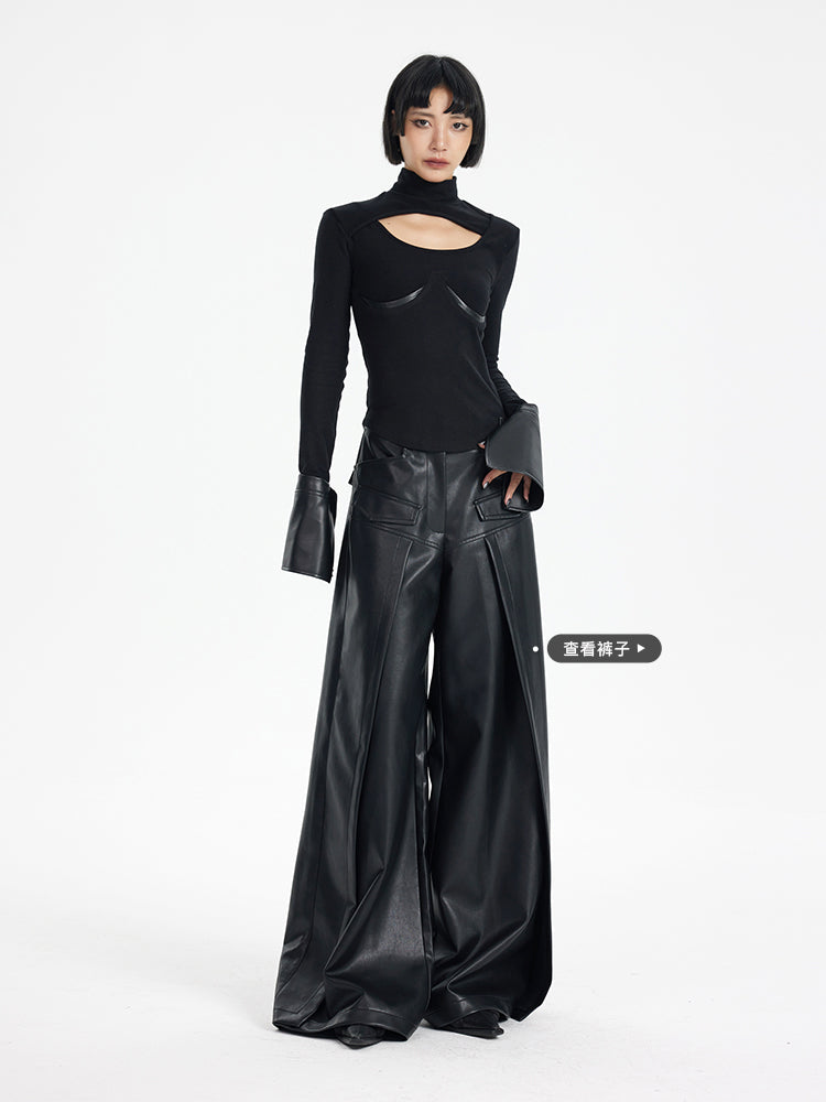 TINY IN black knit PU leather cuff top - SONO.