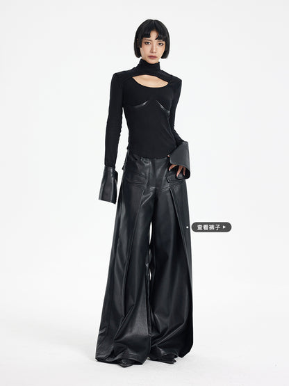 TINY IN black knit PU leather cuff top - SONO.