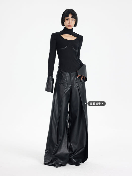 TINY IN black knit PU leather cuff top - SONO.