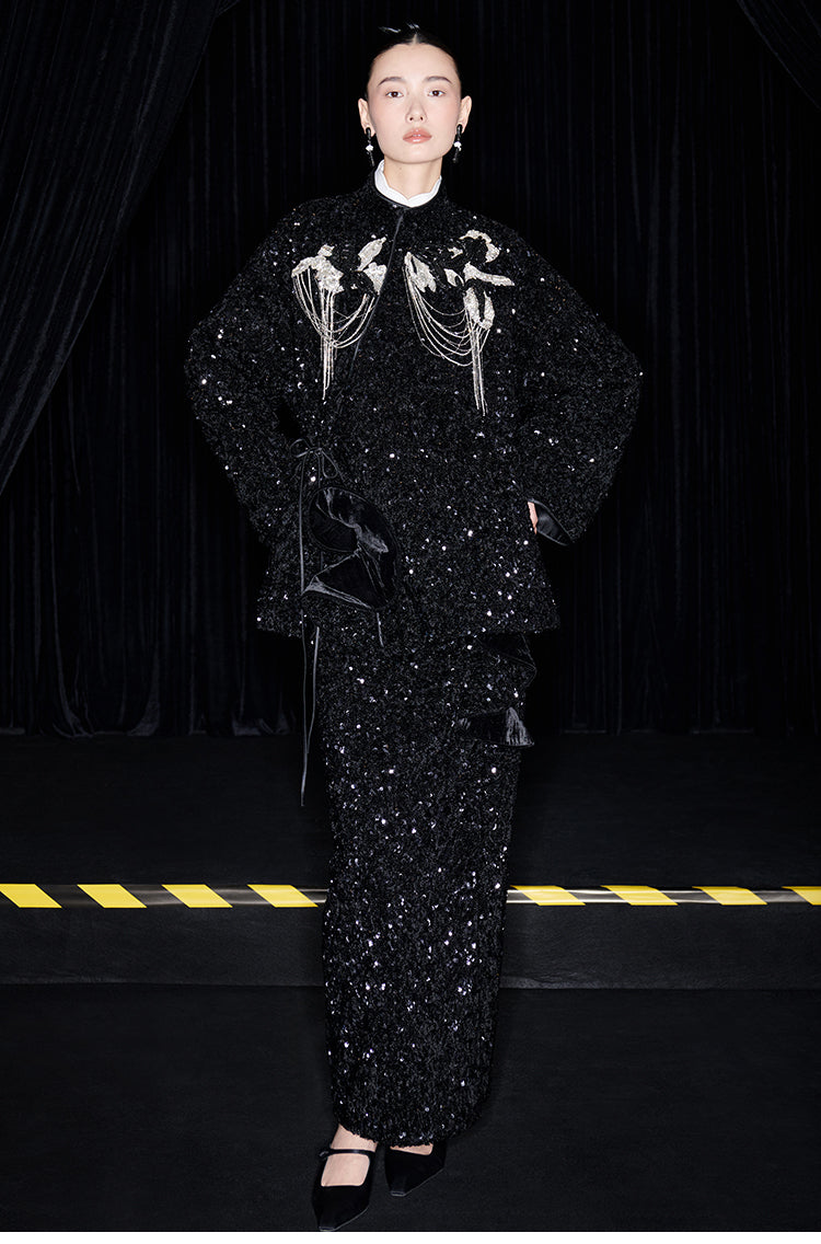 M essential Mackay designer three-dimensional silver orchid catenary beaded jacket - sill.