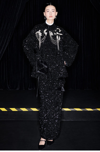 M essential Mackay designer three-dimensional silver orchid catenary beaded jacket - sill.