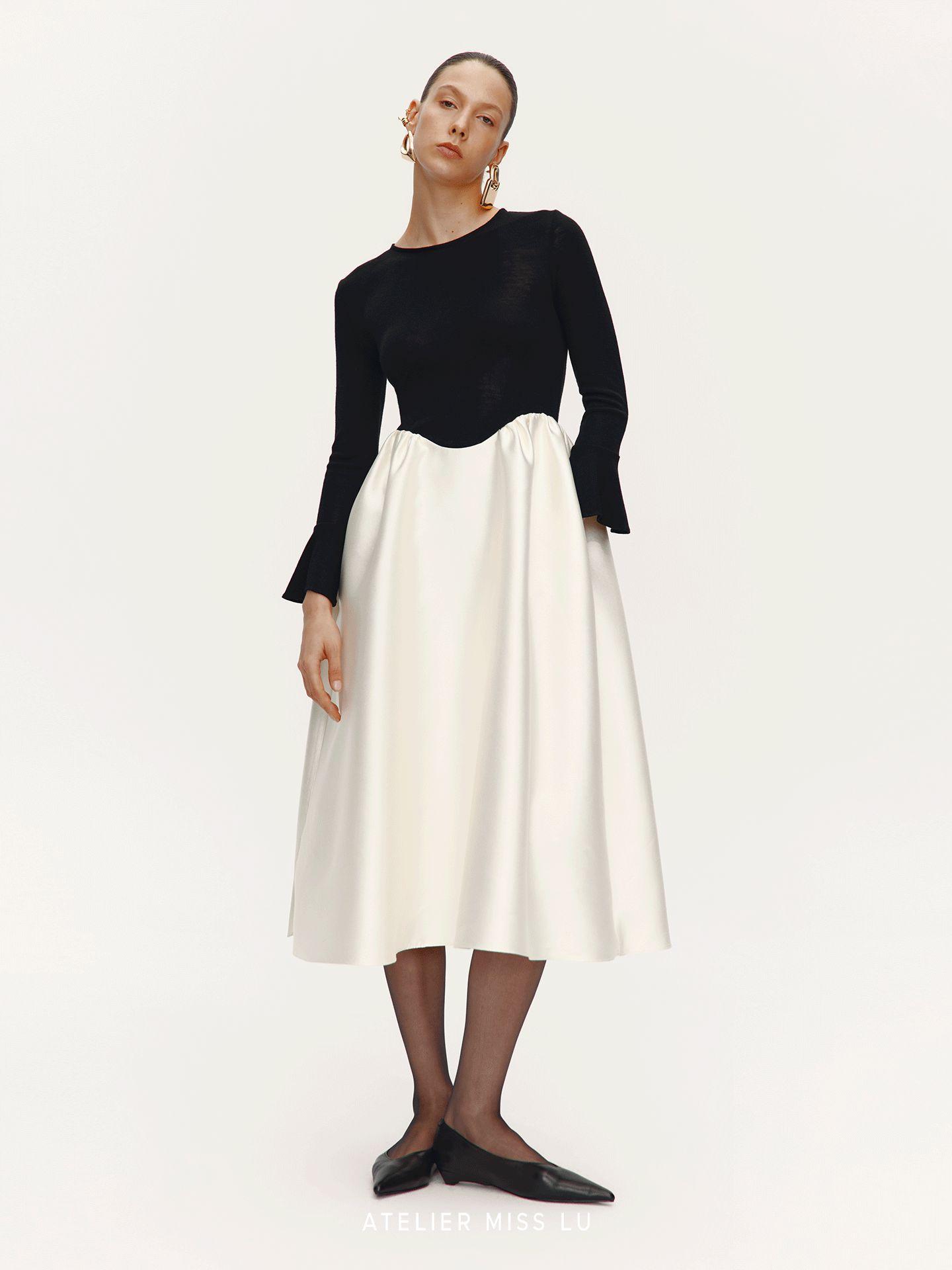 ATELIER MISS LU Glossy Slightly Stretched Long Sleeve A-Line Dress - HEAVE