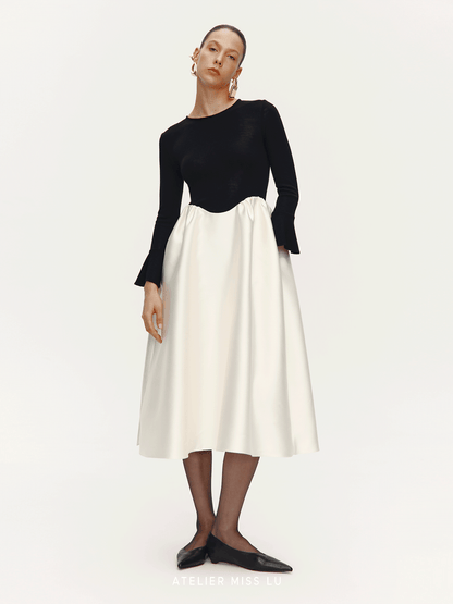 ATELIER MISS LU Glossy Slightly Stretched Long Sleeve A-Line Dress - HEAVE