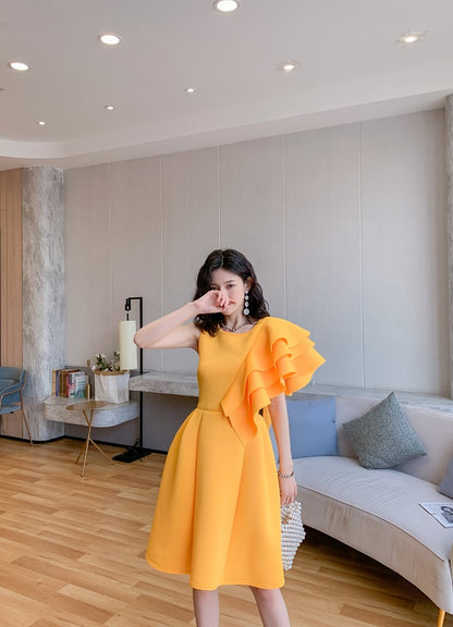 DOLLY Luxury Retro Style Crew Neck One Shoulder Ruffle Sleeves Midi Office Dress-CLAUDI