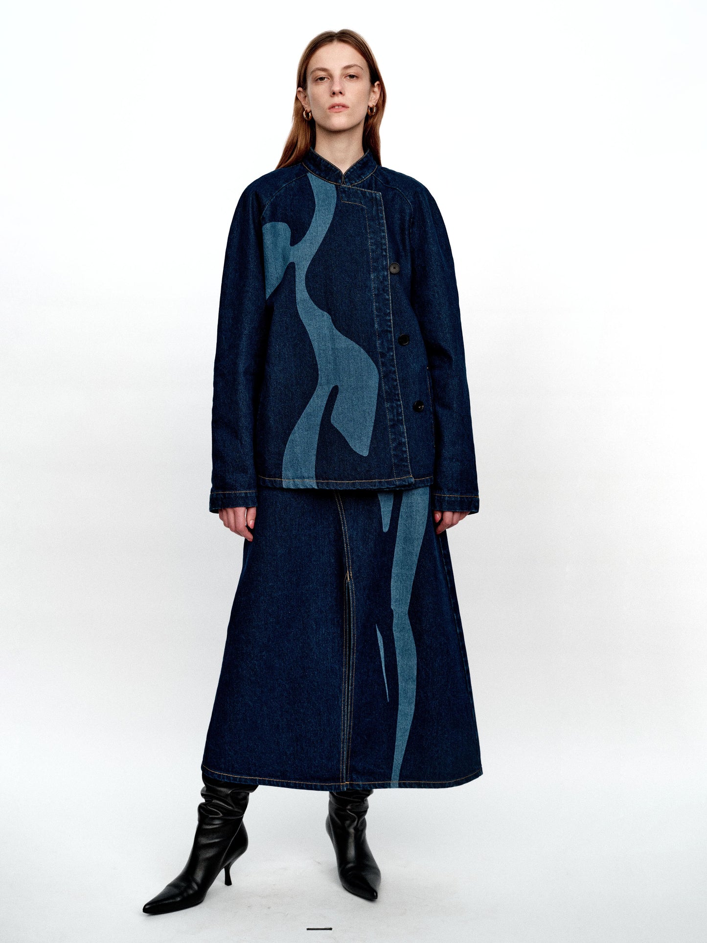 SERRER Abstract body print denim slit long skirt - LOLA.