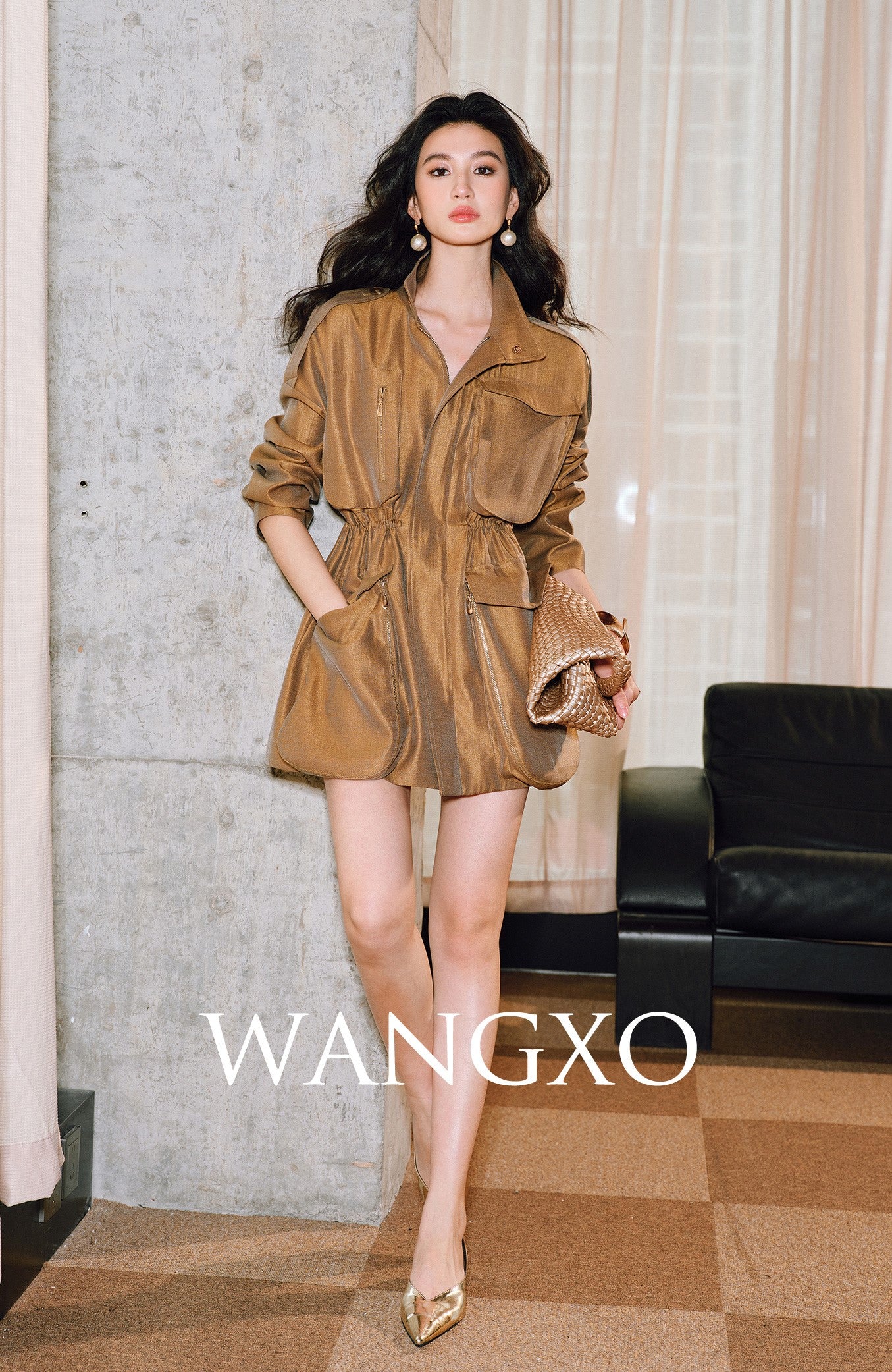 WANGXO | High-End Luxury Silk Brocade Luster Stand-Up Collar Waist 3D Pocket Jackets-VERA