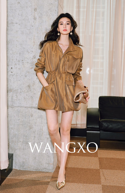 WANGXO | High-End Luxury Silk Brocade Luster Stand-Up Collar Waist 3D Pocket Jackets-VERA