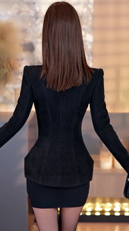 VJE Short Black High Neck Wide Shoulder Jacket - MILA.