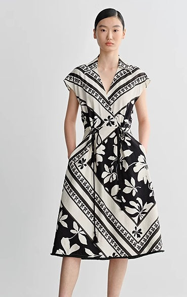 COMME MOI Lv Yan designer's new summer women's print shirred tassel waist dress - GOLDIE.