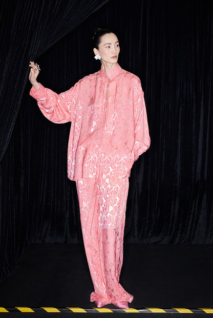 M essential Mackay designer lime jacquard stand-up collar loose top - JAMES.