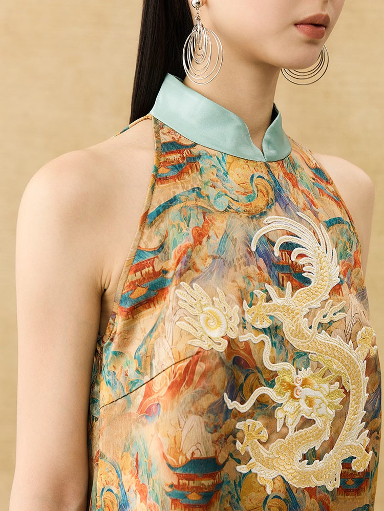 HECO Chinese Stand Collar Color-Blocked Golden Dragon Embroidery Dress - ZIPH