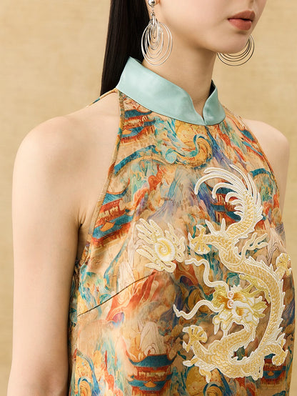 HECO Chinese Stand Collar Color-Blocked Golden Dragon Embroidery Dress - ZIPH