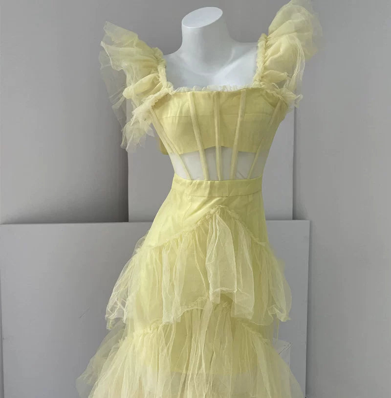 DOLLY High End Square Collar Short Ruffle Sleeves High Waist French Style Dress-MARIANA