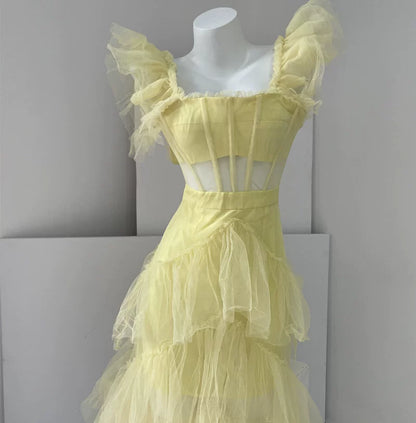 DOLLY High End Square Collar Short Ruffle Sleeves High Waist French Style Dress-MARIANA