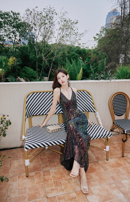 DOLLY Elegant Colorful Black Sleeveless Sequin Long Suspender Banquet Dress-LUNE