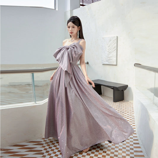 DOLLY Elegant Purple Off Shoulder Bow Sequin Long High Waist Cocktail Dress-TESSA  (V)