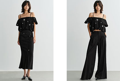 COMME MOI beaded embroidered suspender off-shoulder crop top - SUTTON.