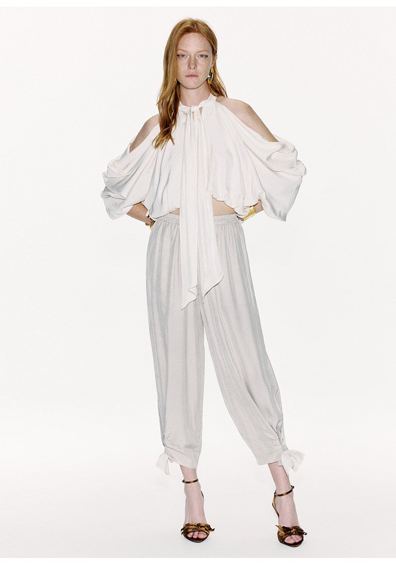 ATELIER MISS LU Draped Off-the-Shoulder Streamers Acetate Top - ATTERY