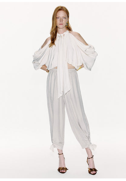 ATELIER MISS LU Draped Off-the-Shoulder Streamers Acetate Top - ATTERY