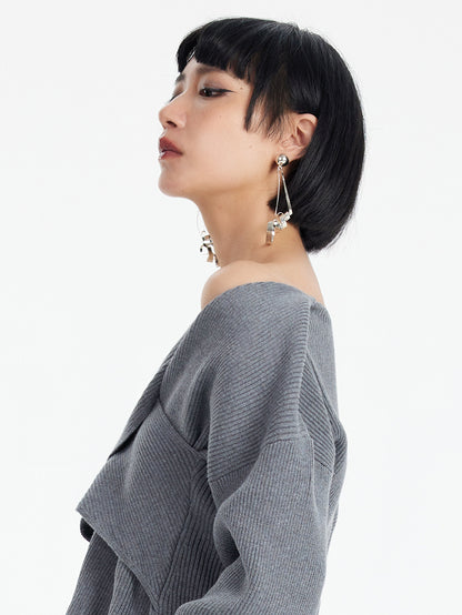 TINY IN cross-twisted gray wool knit women's shoulder sweater-QUE