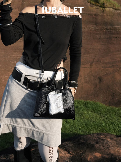 IUBALLET black and white sequence real sheepskin contrast tote bag - BLUE.