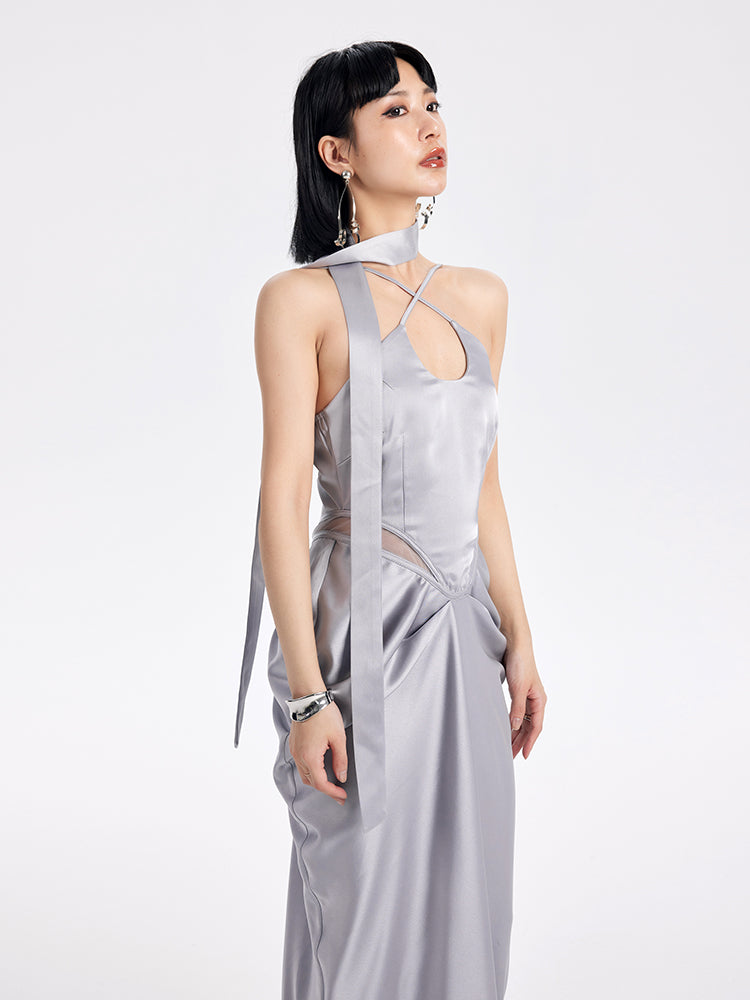 TINY IN satin irregular slip sleeveless hip pleated long dress -KING