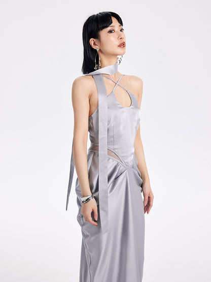 TINY IN satin irregular slip sleeveless hip pleated long dress -KING