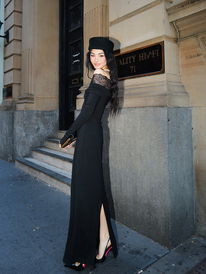 MEI SANGUAN Black V-Neck Stretch Lace Maxi Dress - GABRIEL