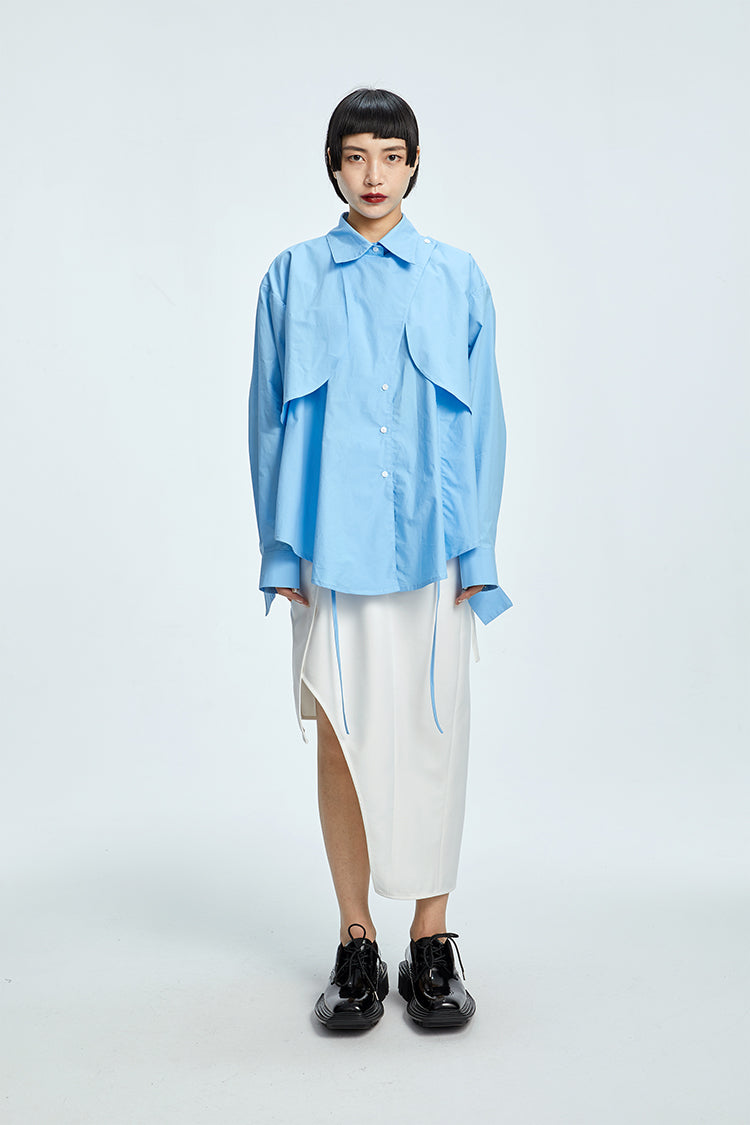 TINY IN  two irregular drawstrings waist cinching blue white shirts-DANTE