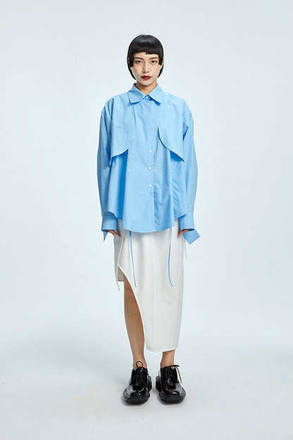 TINY IN  two irregular drawstrings waist cinching blue white shirts-DANTE
