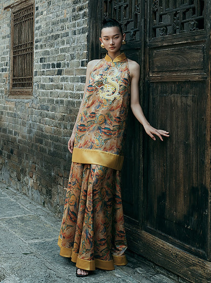 HECO Chinese Contrast Mural Big Swing Fishtail Skirt - MIGRO.