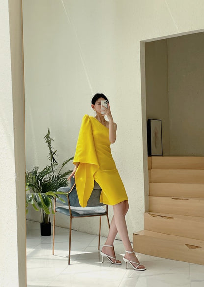 DOLLY Elegant One Shoulder Long Trumpet Sleeve Slim Fit Wedding Guest Dress-MALA