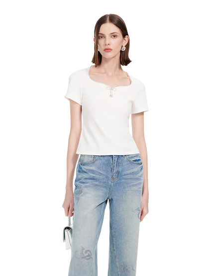 YES BY YESIR |  Diamond Bow Short Sleeve Casual Top-LYANNE.