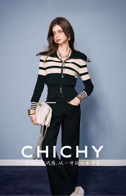 CHICHY Knitted Two-Piece Black Striped Knitted Cardigan Casual Pants-IFE