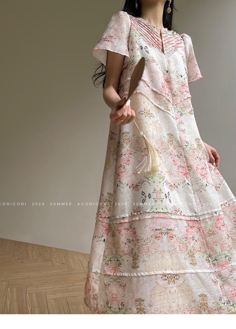 AconiconI Elegant Retro Flower Print Short Sleeve Loose Long Dress- Sweet Early Summer