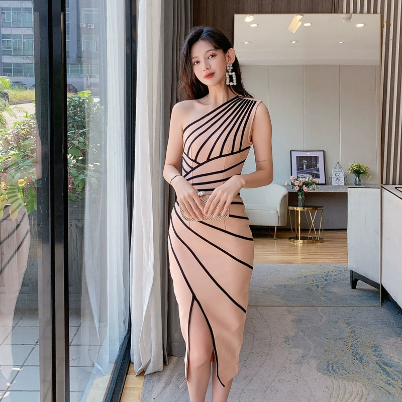 DOLLY Elegant One Shoulder Sleeveless Stripped Slim Fit Slit Dinner Dress-ZEN