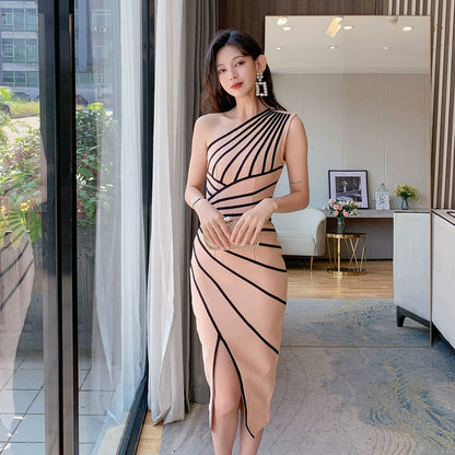 DOLLY Elegant One Shoulder Sleeveless Stripped Slim Fit Slit Dinner Dress-ZEN