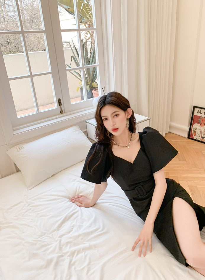 DOLLY Luxury Black Retro V-Neck Short Puff Sleeve Midi Luncheon Dress-SUSU