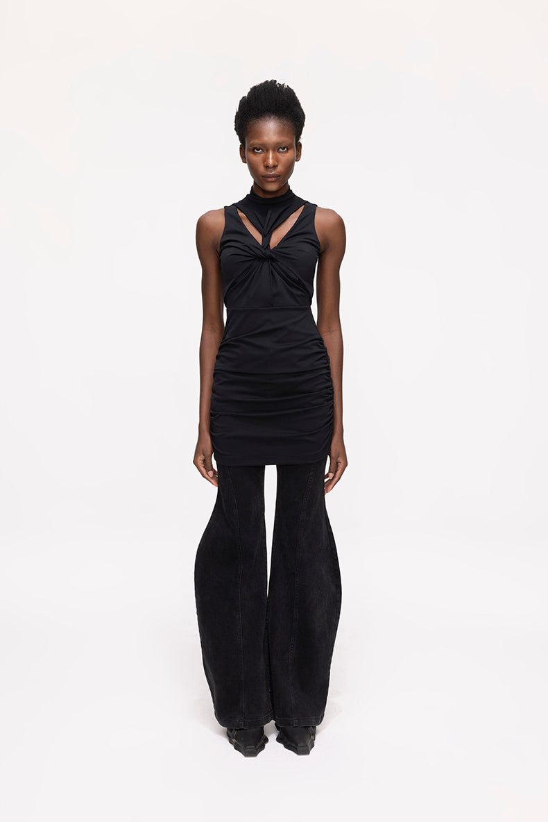 ANNAKIKI niche black kink pleated cut-out sexy dress-GENKO