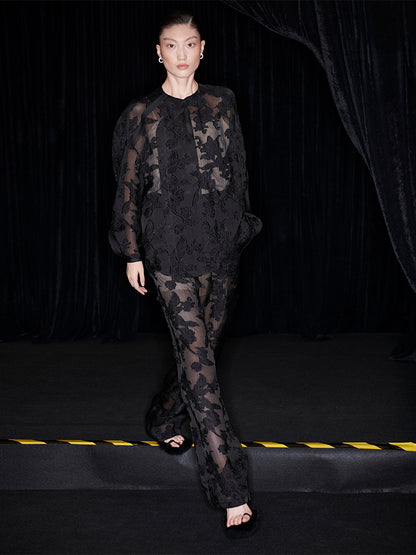 M essential Mackay designer slashed silk-cut semi-sheer lace pant top - indigo.