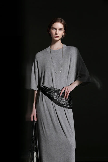 PIAOIN minimalist style nude tencel wool t-shirt skirt versatile dress -LYDIA