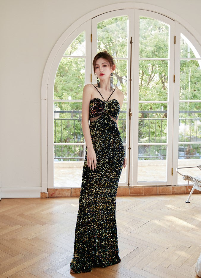 DOLLY Elegant Sequined Hollow Halter Neck Long Evening Dress-OLIVE