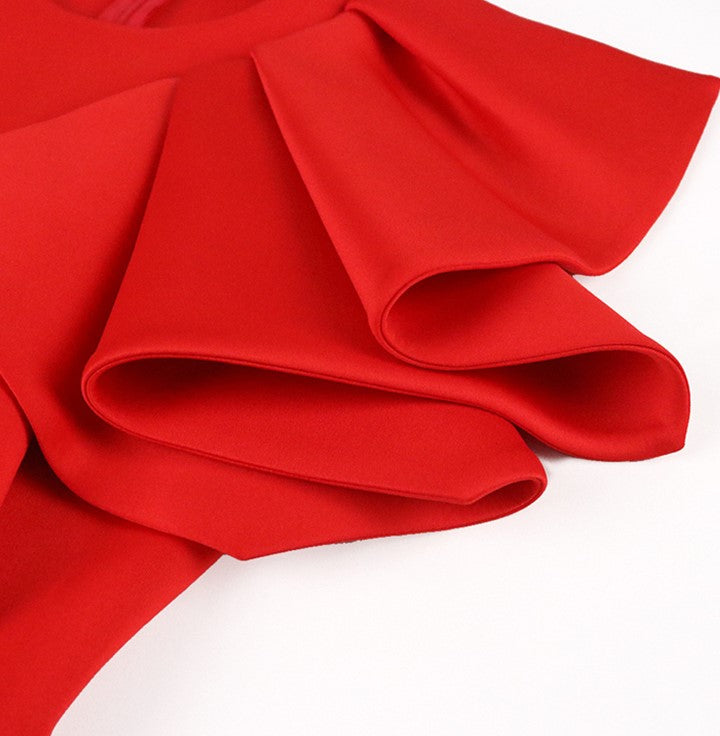 DOLLY Elegant Red Sloping Shoulder Ruffle Long Sleeve Midi Dinner Dress-KIMBRA