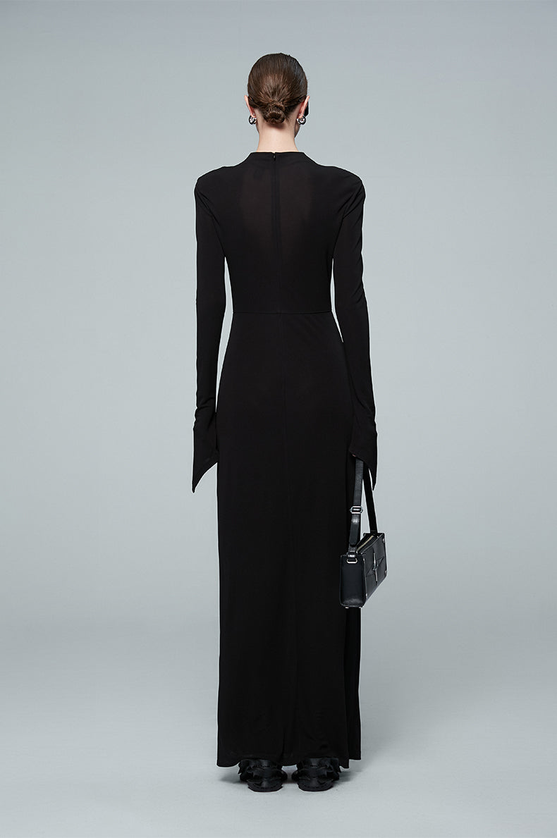 ANNAKIKI high-end acetate black shoulder slim long sleeve dress-CAROLE