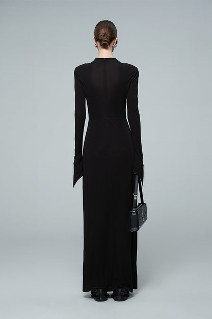 ANNAKIKI high-end acetate black shoulder slim long sleeve dress-CAROLE
