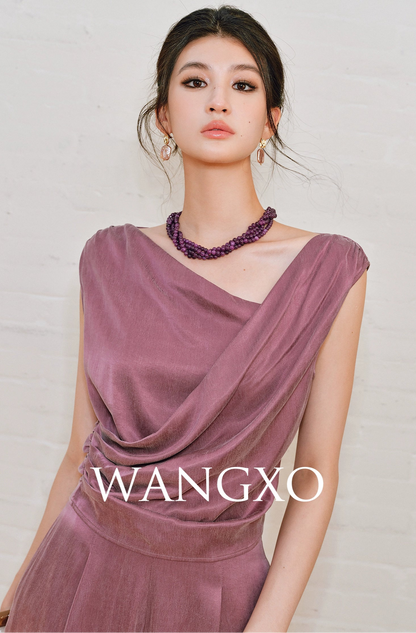 WANGXO | Sleek Cupro Asymmetrical Top and Highwaisted Pants Set -ELENORA.