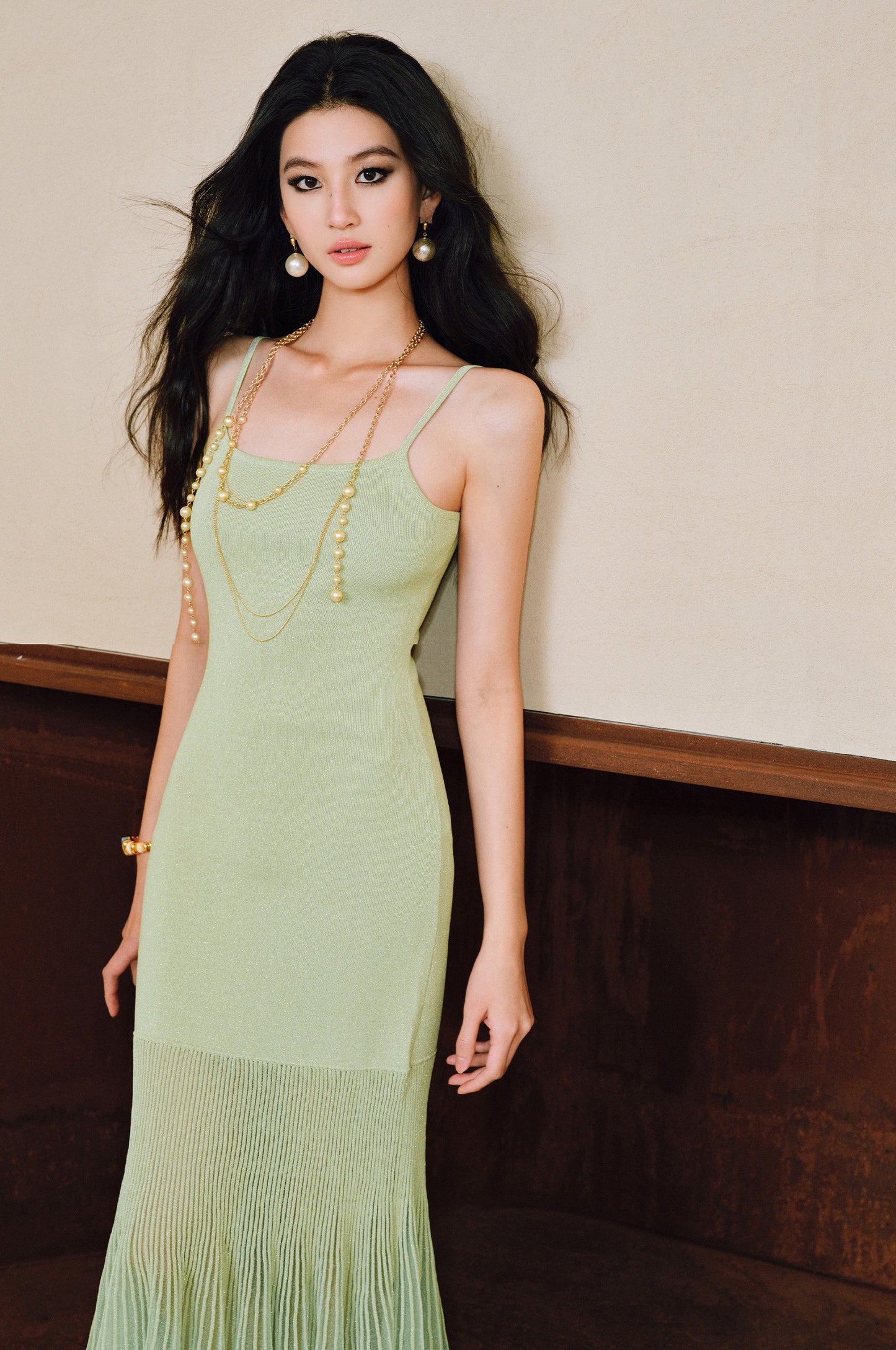 WANGXO | High-Quality Linen Tulle Temperament Suspender Fishtail Dress-LÉYA.