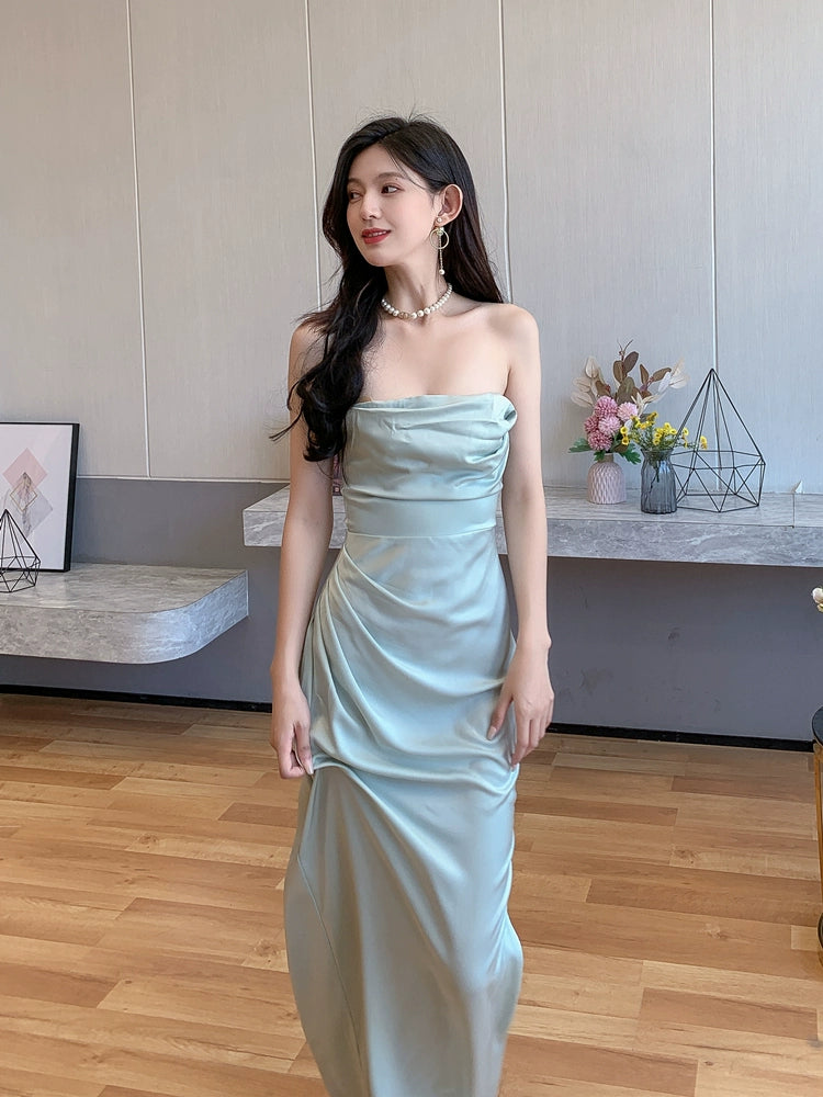 DOLLY Luxury Mint Green Sleeveless Off Shoulder Chest Wrap Long Slit Dinner Dress-CAT