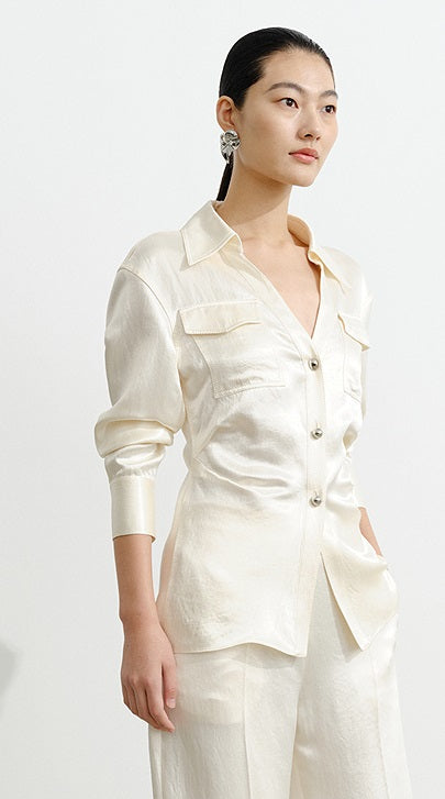 COMME MOI Lv Yan Designer Summer Acetate Texture V-Neck Waist Shirt - AYLA.